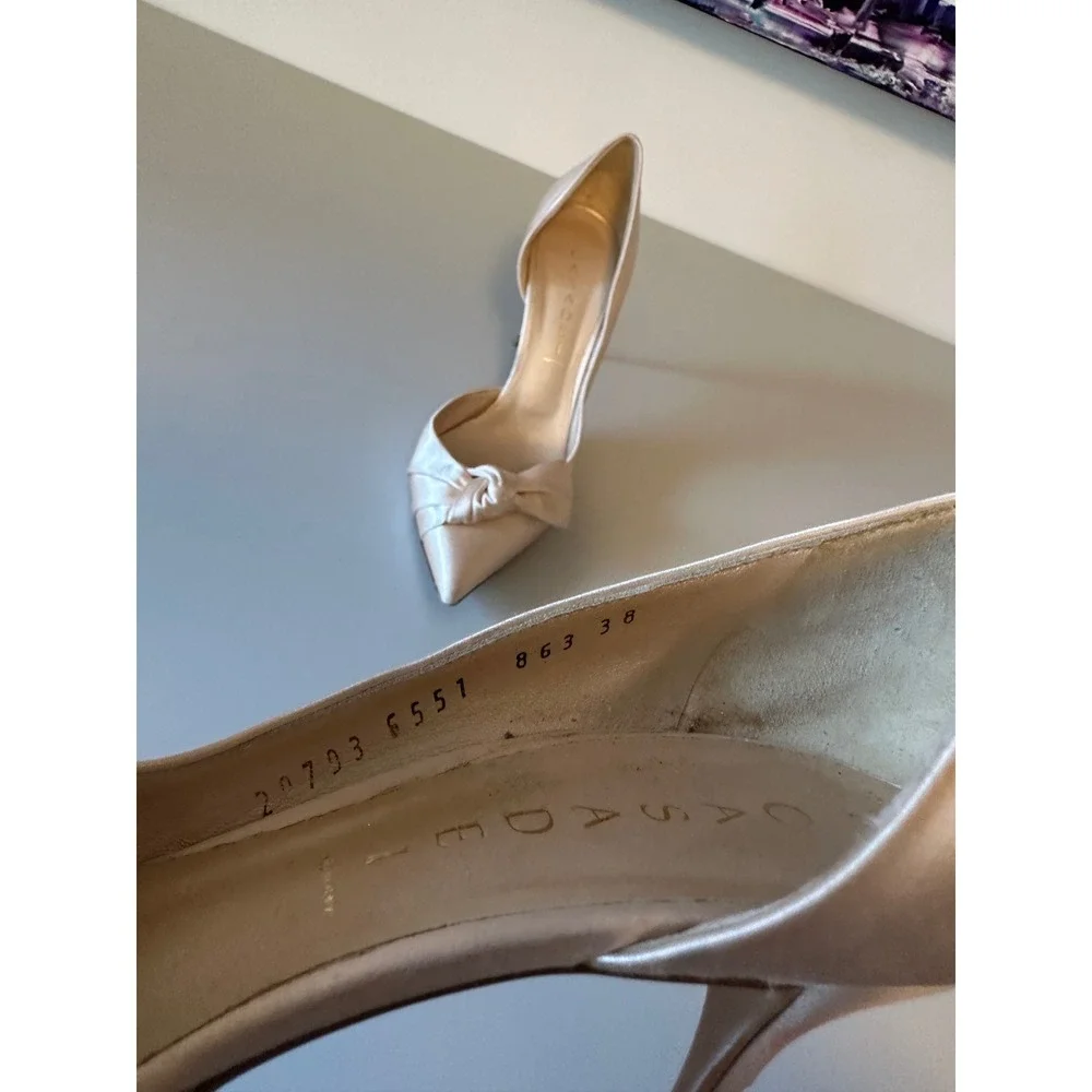 Casadei Champagne Satin Bow d'Orsay Pointed Toe Pumps | Size 38